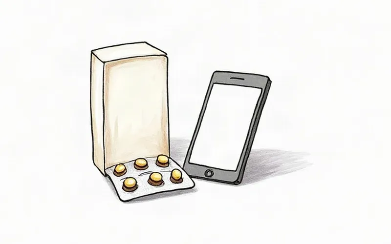 Ilustracja liniowa: opakowanie leku i telefon