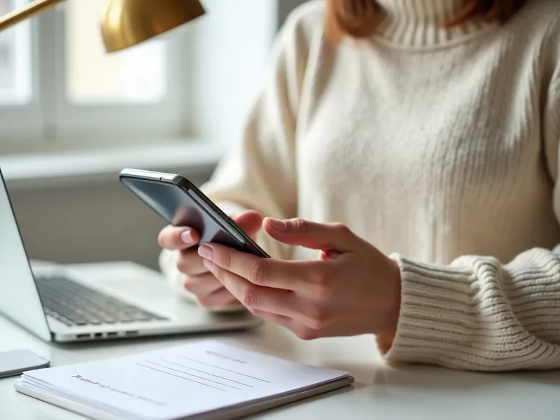 Dłonie wypełniające formularz na telefonie przy biurku z laptopem