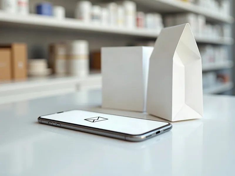 Telefon z wiadomością e-mail obok opakowania leku na ladzie apteki